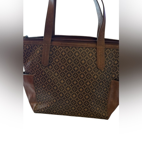 FOSSIL Mimi Shopper Tote brown tan geometric print shoulder bag NWOT - Picture 3 of 8